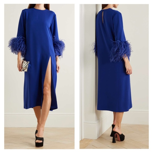 16Arlington Billie Dress Blue Feather Trim Midi Size 6 Cocktail Formal Party NWT - Picture 2 of 15